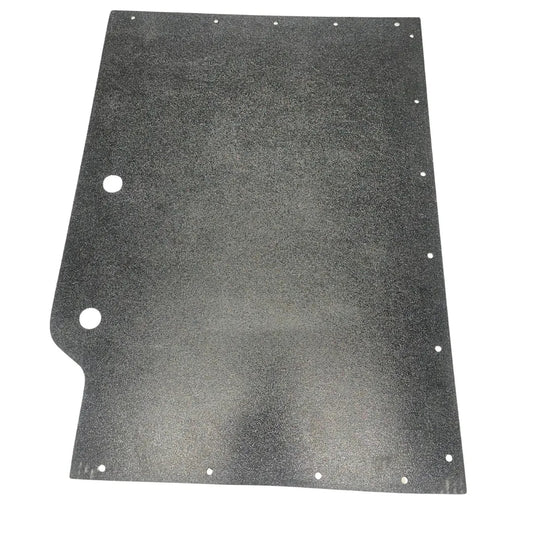 A flat metal door panel for a Ford truck, likely made of steel, with a textured black finish and multiple mounting holes.