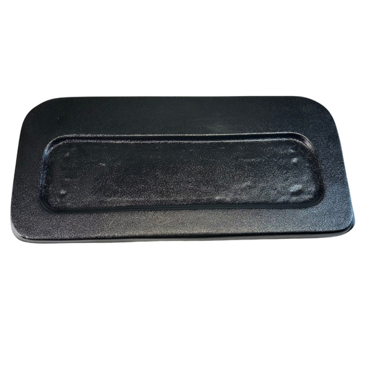 Black rectangular metal tray on a white background