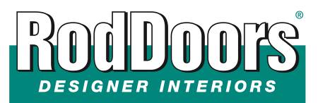 Logo of RodDoors Designer Interiors featuring the brand name with a classic font and a green rectangular background.