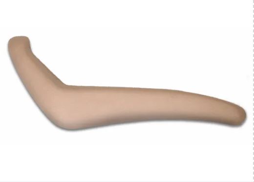 Tan fabric-wrapped universal modular ABS armrest, angled boomerang-shaped profile shown against plain background