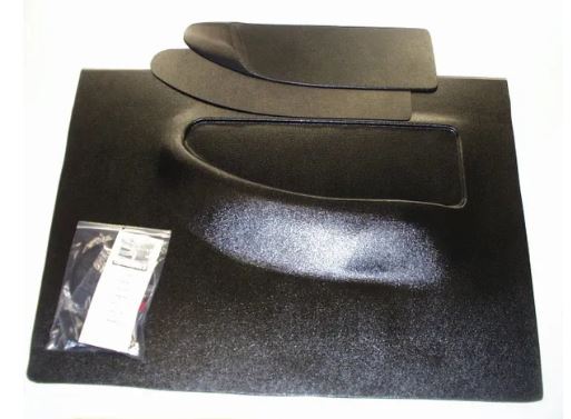 A pair of black universal door panels with raised insert, laid flat with packaging visible.