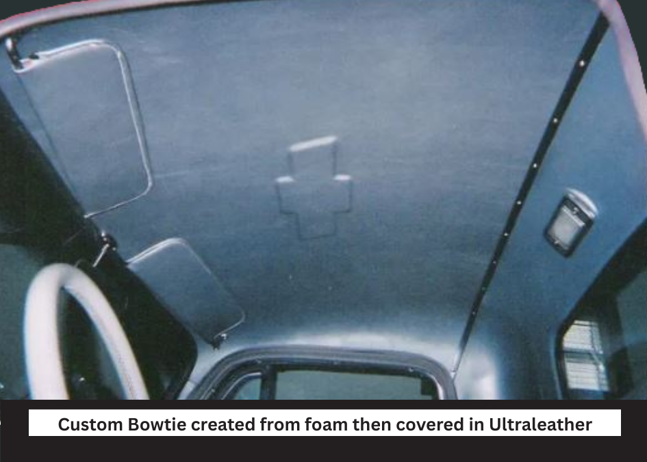 Custom bowtie‑accent ABS headliner installed in a 1947–1948 Chevy pickup, foam‑shaped and wrapped in Ultraleather