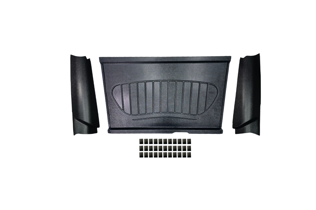 Black, ABS rear cab cover kit for 1956 Ford truck interiors with center panel, corner panels, and dual lock tabs