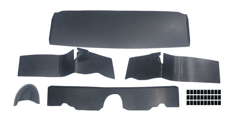 All ABS trunk panels included in the RD7401 1968 Chevrolet Camaro Coupe trunk kit laid out, showing the flat center panel, molded driver and passenger side panels, molded tail light cover, molded gas filler cover, and dual lock tabs.