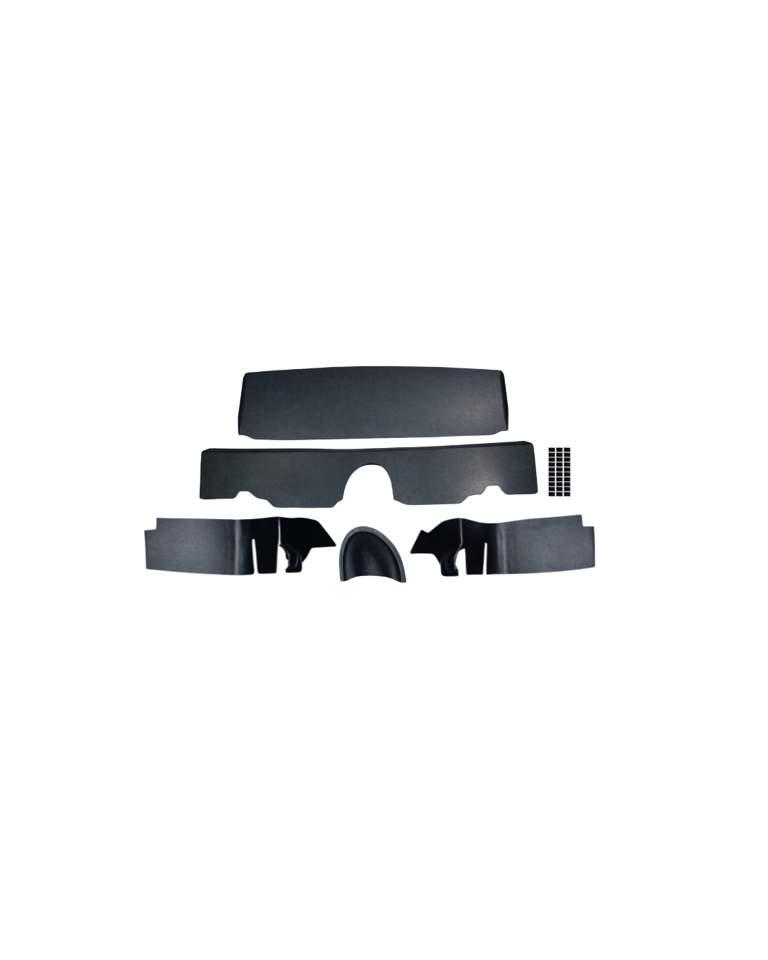 1967 Chevrolet Camaro Convertible trunk kit components laid out — molded ABS center panel, driver and passenger side panels, tail light cover, gas filler cover, and dual lock tabs