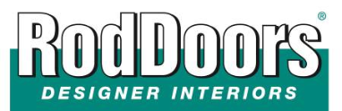 Logo with bold text "RodDoors" in white with a black outline, above "DESIGNER INTERIORS" in white on a teal background, conveying a modern design theme.