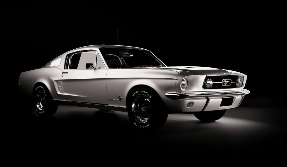 Side profile of a Ford Mustang GT500 emphasizing its sporty silhouette and bold color