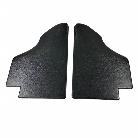 Two black car mats on a white background