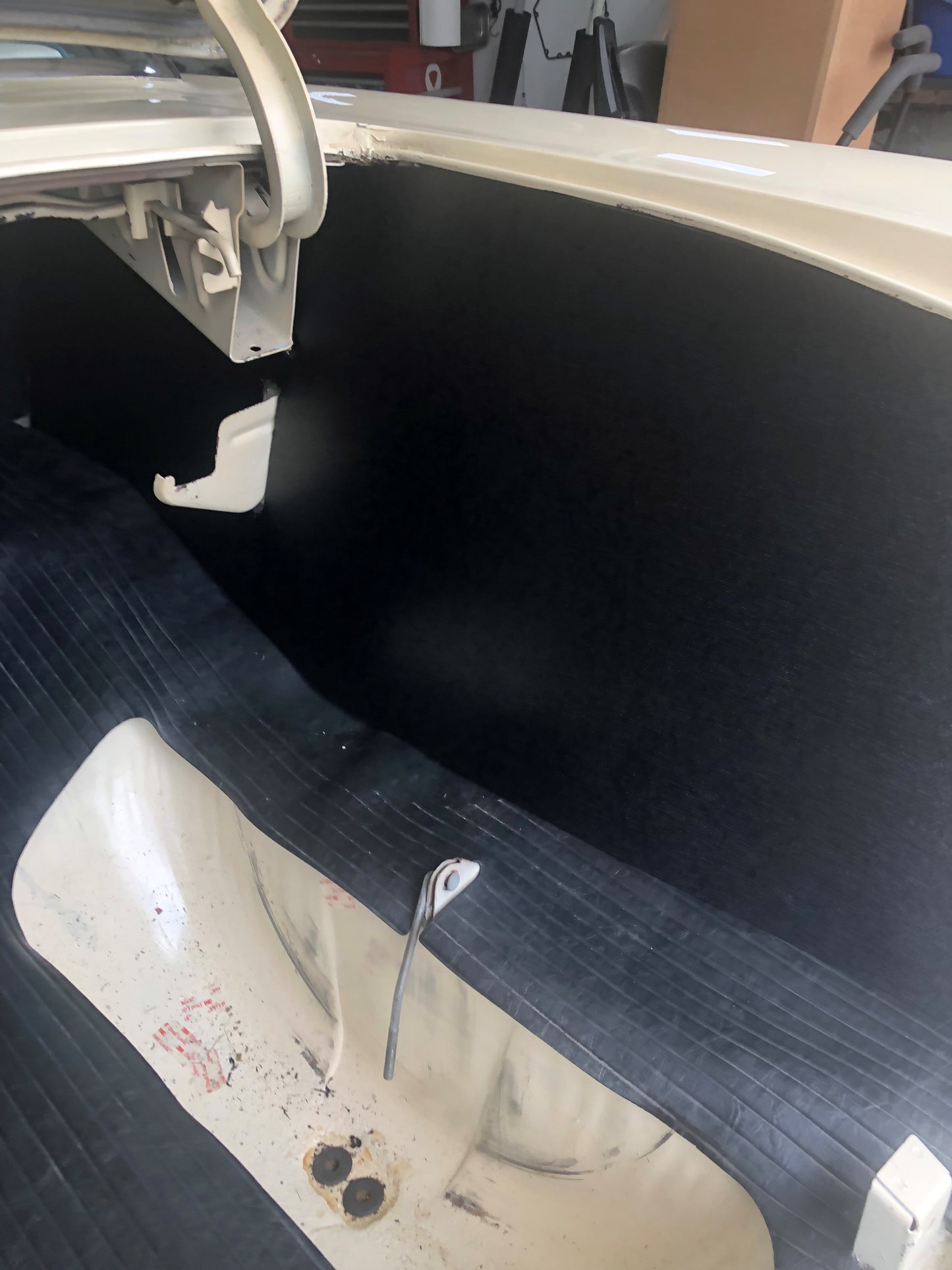Passenger side view of the RD3312 ABS trunk panels installed in a 1955–1957 Chevrolet Hard Top.
