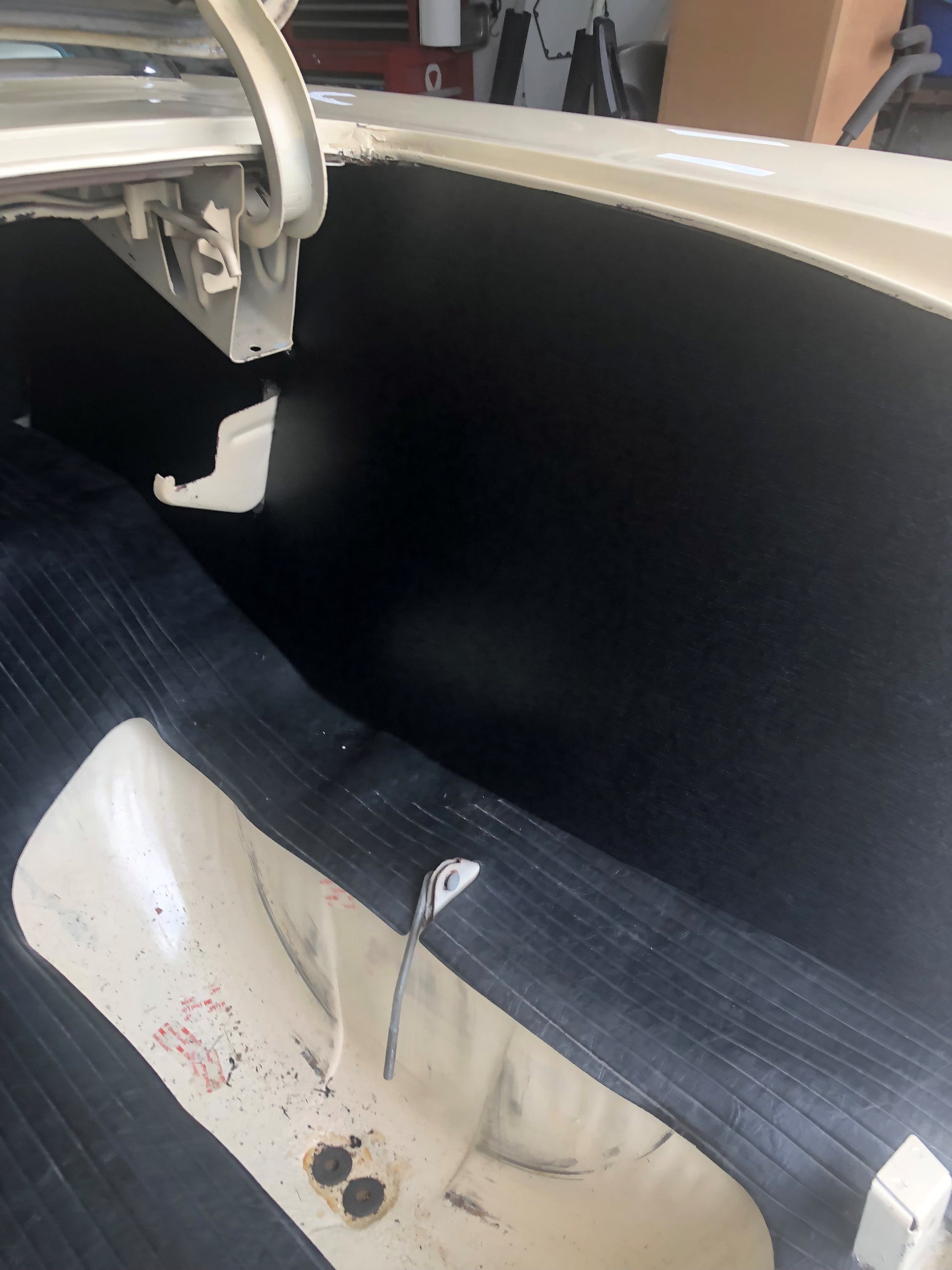 Passenger side view of the RD3312 ABS trunk panels installed in a 1955–1957 Chevrolet Hard Top.