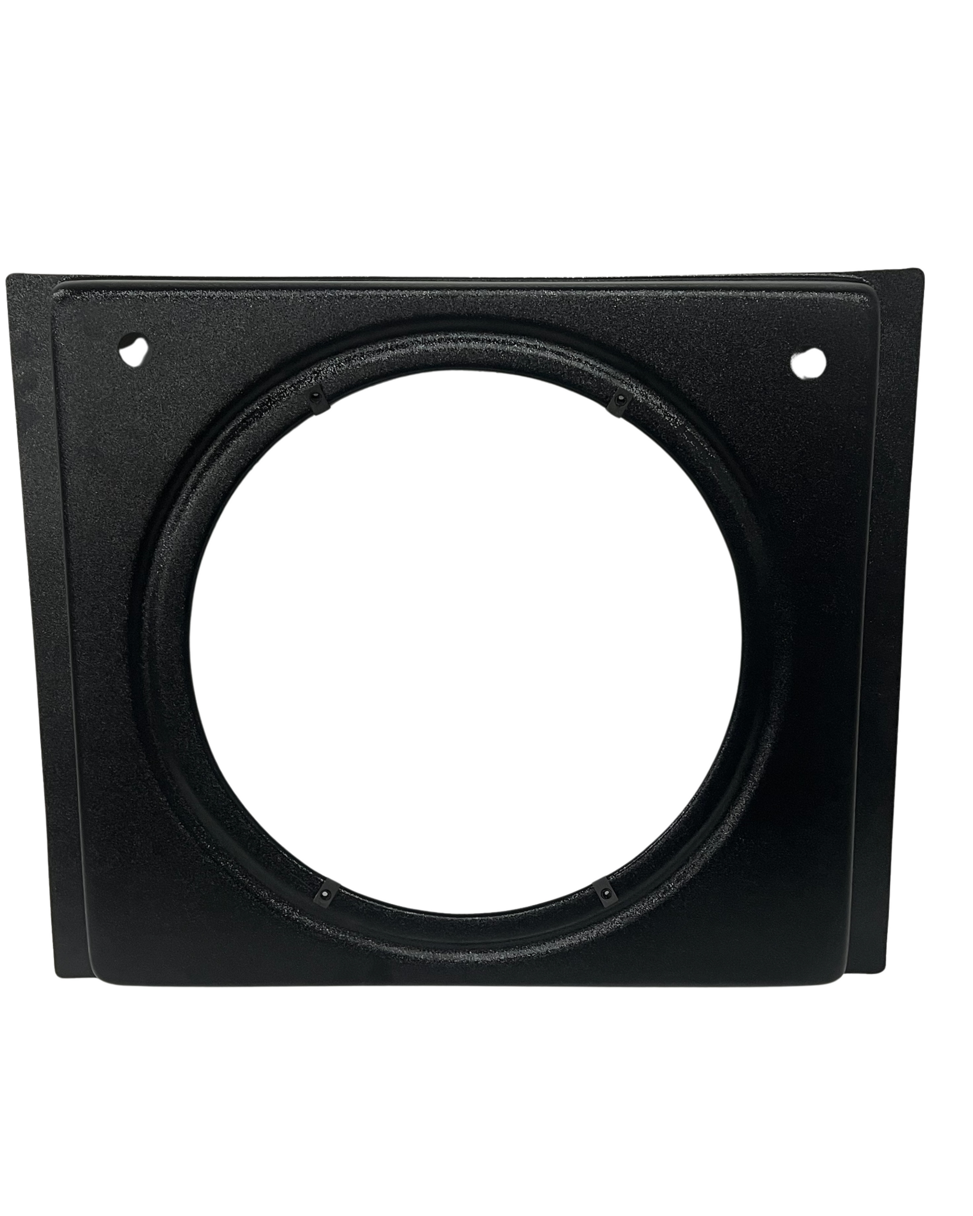 Black ABS radiator shroud with circular 16 inch fan opening and mounting clips, shown from front