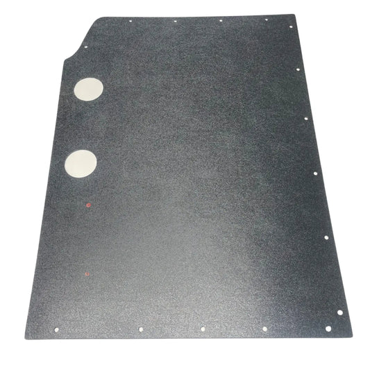 A flat black door panel for a 1956 Ford truck with a textured surface and multiple installation holes.