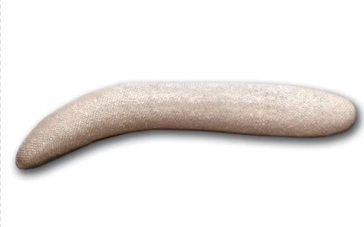 Tan fabric-wrapped universal modular ABS armrest, curved banana-shaped profile shown against plain background