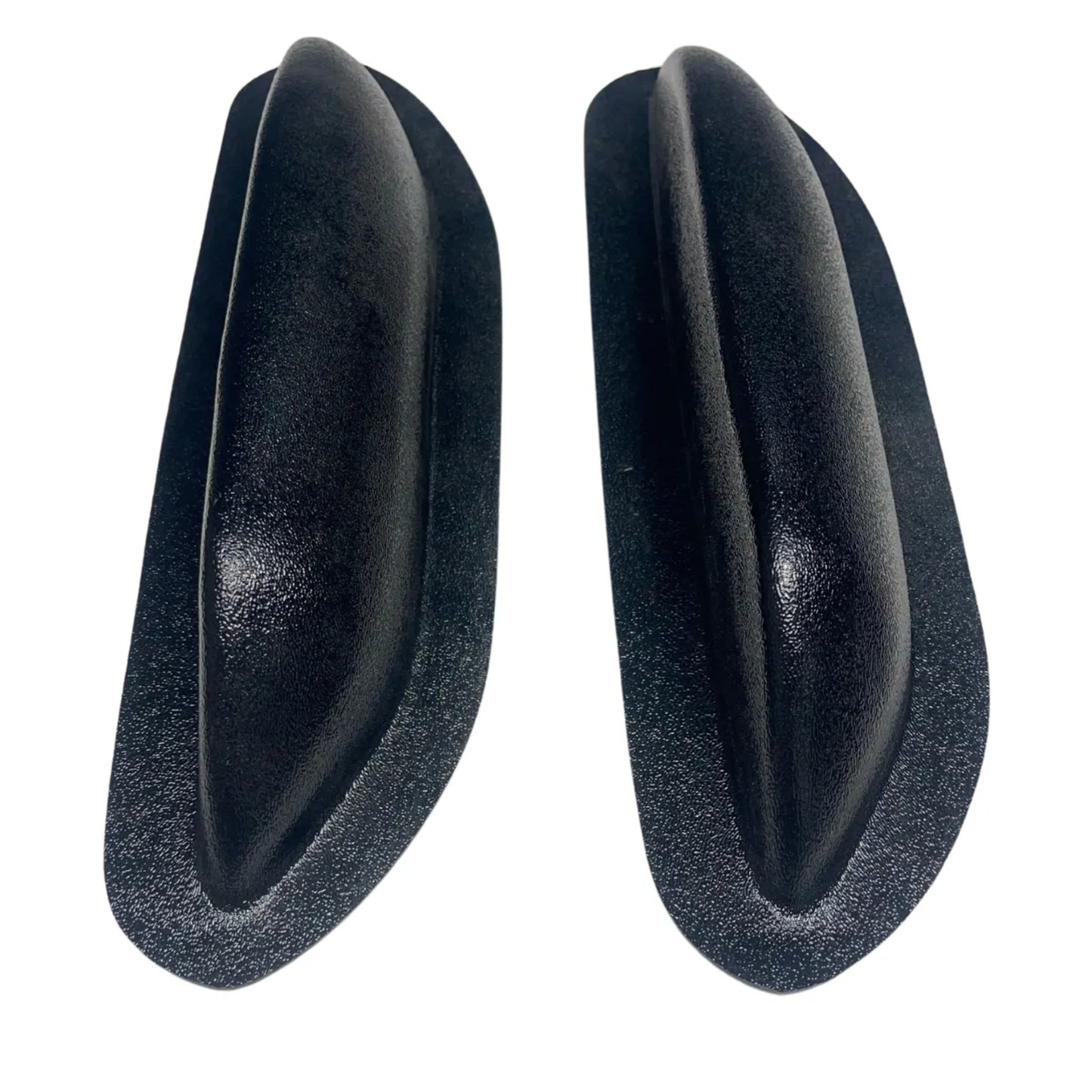 Pair of unfinished black ABS universal modular armrests, angled side-by-side view