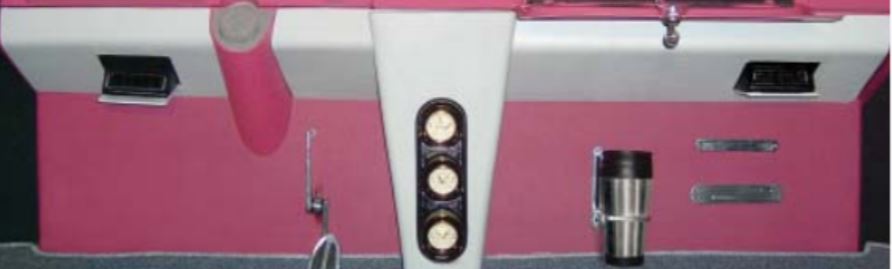RD2007 universal under dash cover kit installed — pink and white custom interior showing driver and passenger side panels with center gauge mount
