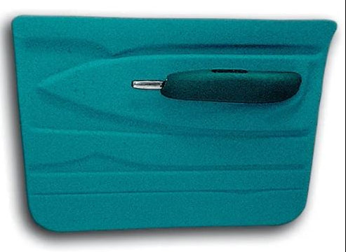 A customer-installed blue ABS molded door panel for a 1967-1072 Chevrolet truck with an armrest