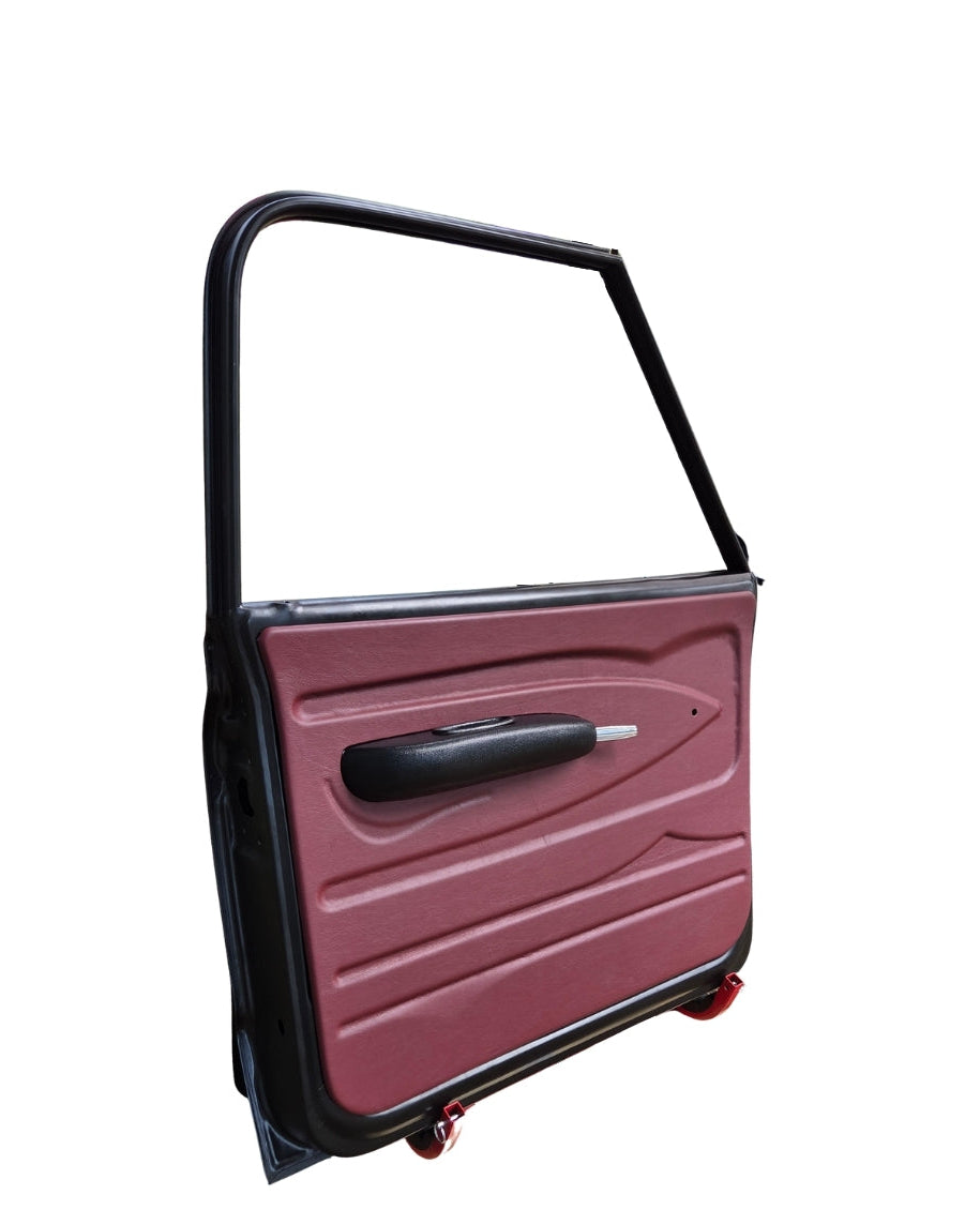 Car door panel in oxblood red Ultraleather material on a white background