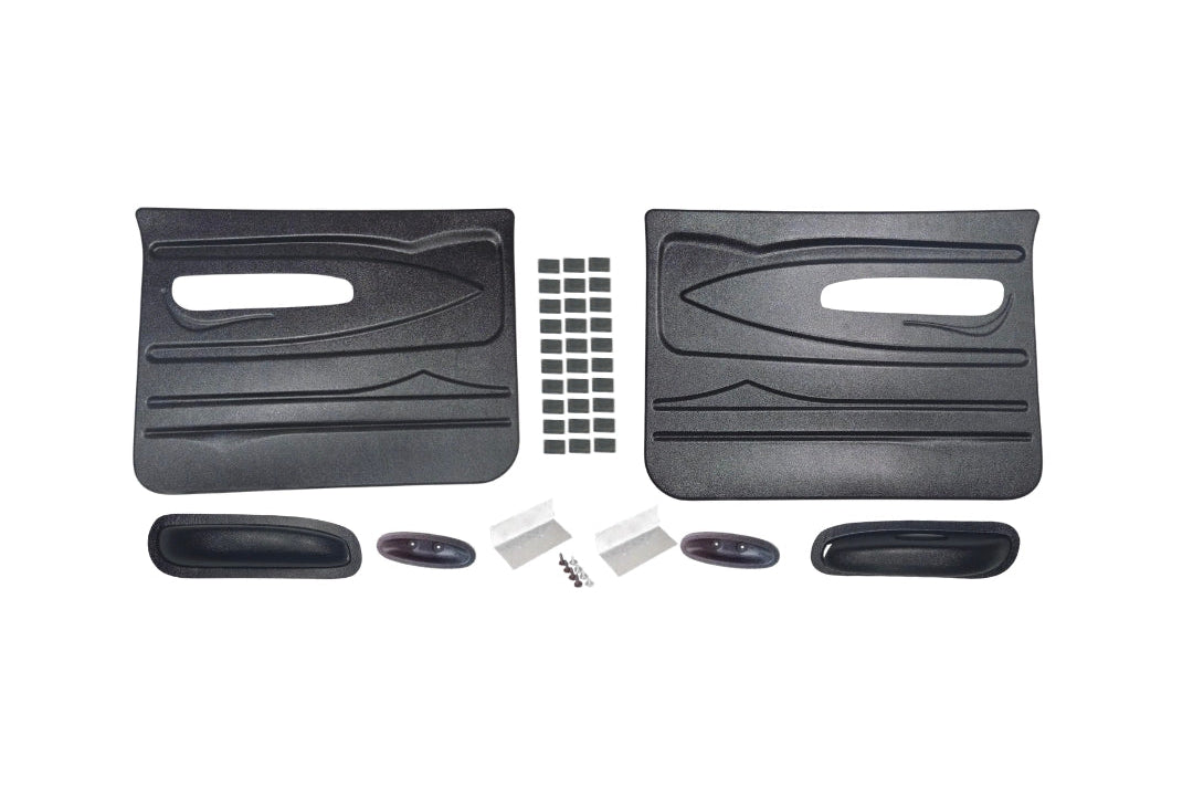Set of car door panels and related accessories on a white background