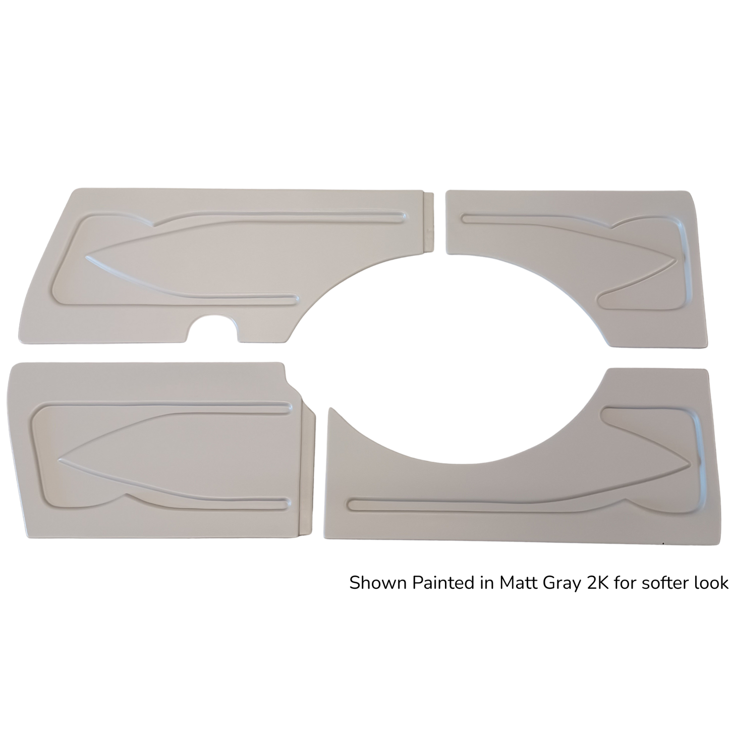 Gray painted ABS front quarter panel pair for 1967-1972 Chevy Suburban, driver and passenger side shown together