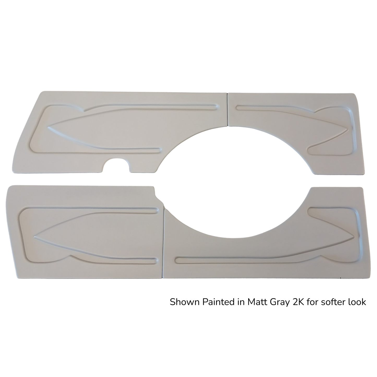 Four-piece ABS quarter panel set for 1967-1972 Chevy Suburban shown painted in matte gray, front and rear panels displayed