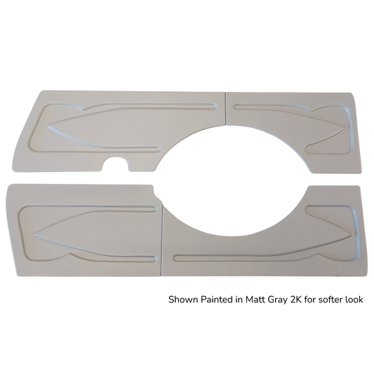 Four-piece ABS quarter panel set for 1967-1972 Chevy Suburban shown painted in matte gray, front and rear panels displayed