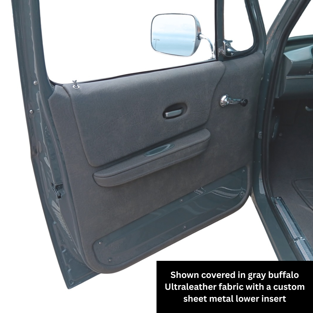 Car door with gray buffalo Ultraleather fabric and custom sheet metal lower insert for 1980-1987 Chevrolet Truck, Blazer, and Surbuban