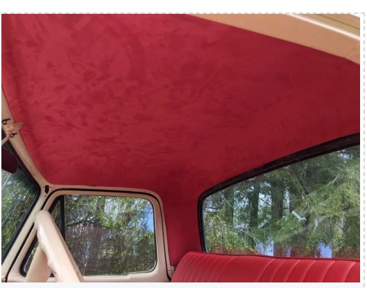 Close-up of red customer installed 1961–1964 Ford Standard Cab ABS headliner with quarter panels