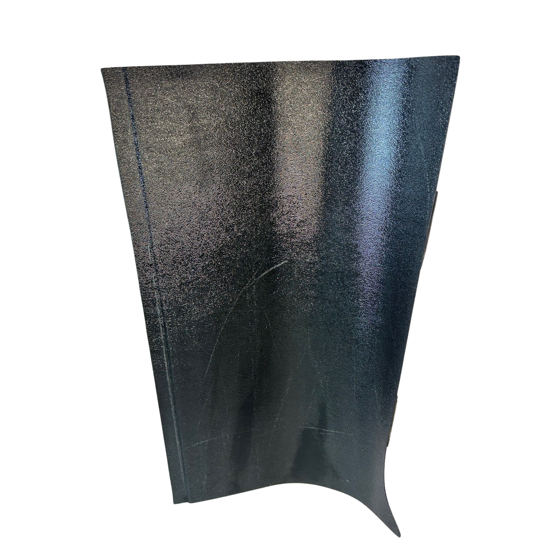 Black leather car seat cover with visible wear on a white background