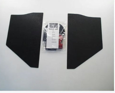 Pair of black smooth ABS kick panels for 1948-1952 Ford Truck, shown with edge tape and dual lock tabs packaging