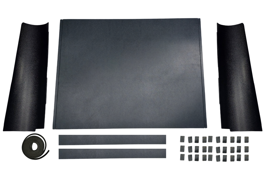 ABS rear cab cover kit for 1948–1952 Ford truck interiors with center panel, quarter panels, tape, glue strips, and dual lock tabs.