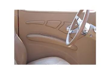 Beige car interior with steering wheel on a white background