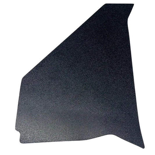 A black kick panel for a 1957 Chevrolet vehicle, designed to fit the lower interior fender area.