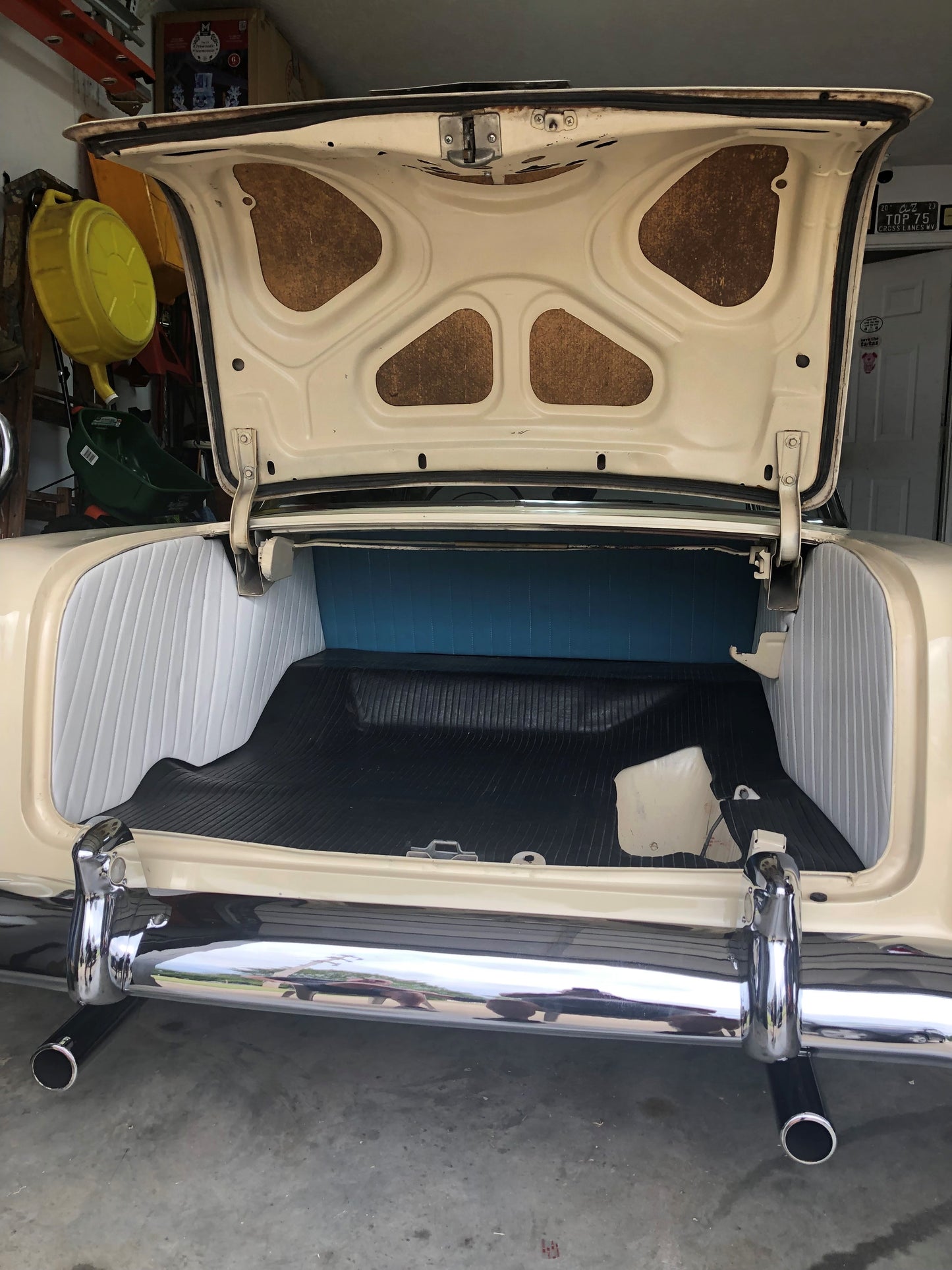 Open trunk of a 1955–1957 Chevrolet Hard Top showing the RD3312 ABS trunk panels installed.