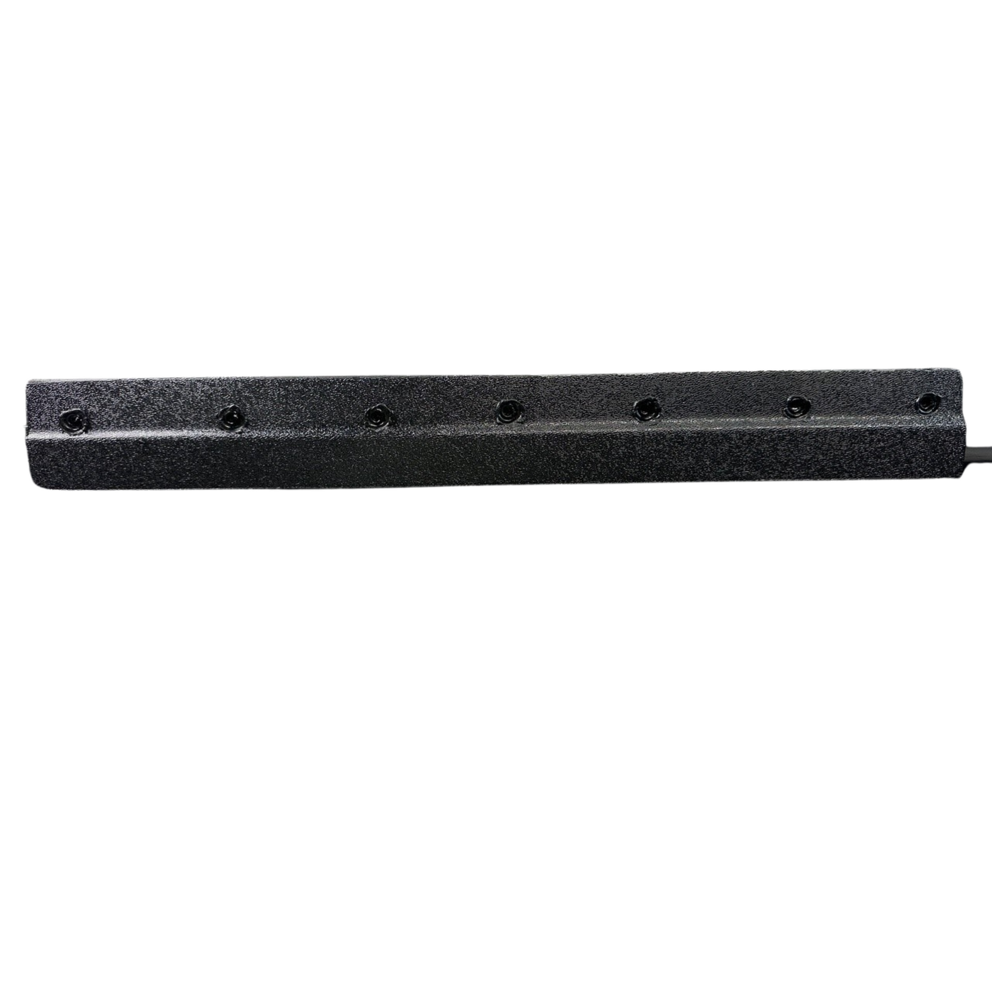 Black metal bracket with multiple holes on a white background