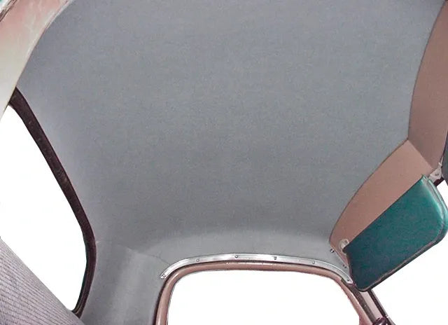 Rod Doors’ 1949–1953 Studebaker Truck Headliner Kit for M‑cab and C‑cab models with molded headliner and quarter panels, color is gray and it has a smooth texture with no center seam.