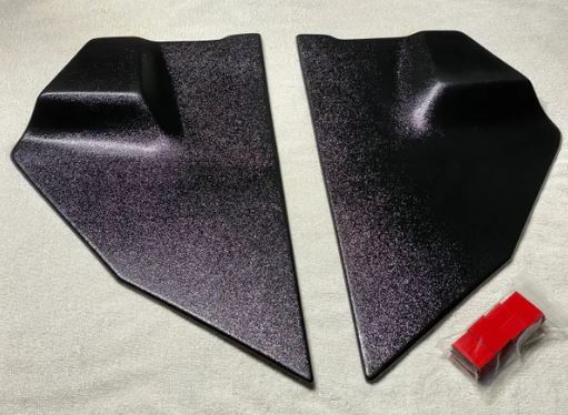Pair of black textured ABS kick panels for 1949-1964 Studebaker C-Cab truck, shown alongside dual lock tab hardware