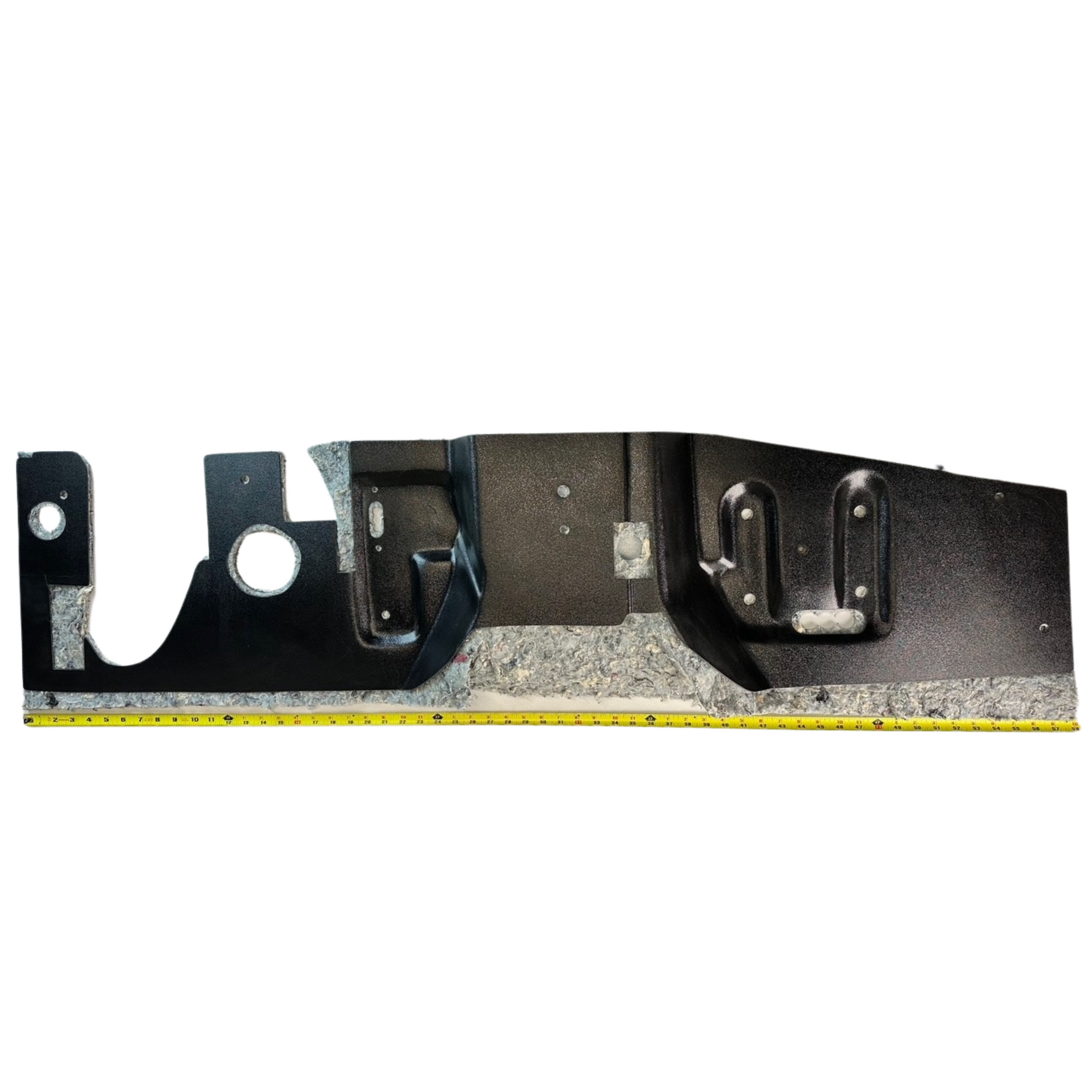 Metal bracket with a measuring tape for scale on a white background