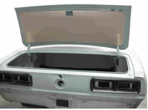 American-made ABS deck lid cover installed on 1967-1969 Chevrolet Camaro — open trunk view showing smooth finished underside