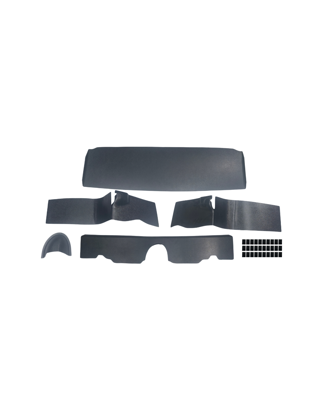 All ABS trunk panels included in the RD7401 1968 Chevrolet Camaro Coupe trunk kit laid out, showing the flat center panel, molded driver and passenger side panels, molded tail light cover,  molded gas filler cover, and dual lock tabs.