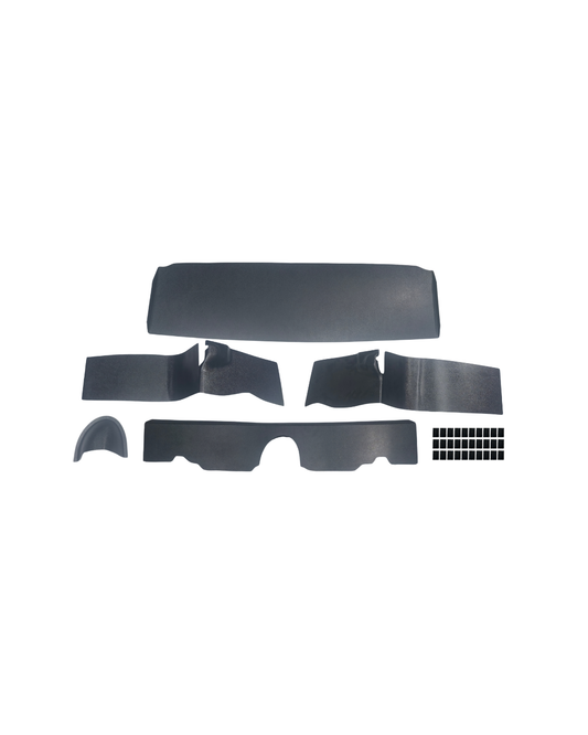 All ABS trunk panels included in the RD7401 1968 Chevrolet Camaro Coupe trunk kit laid out, showing the flat center panel, molded driver and passenger side panels, molded tail light cover,  molded gas filler cover, and dual lock tabs.
