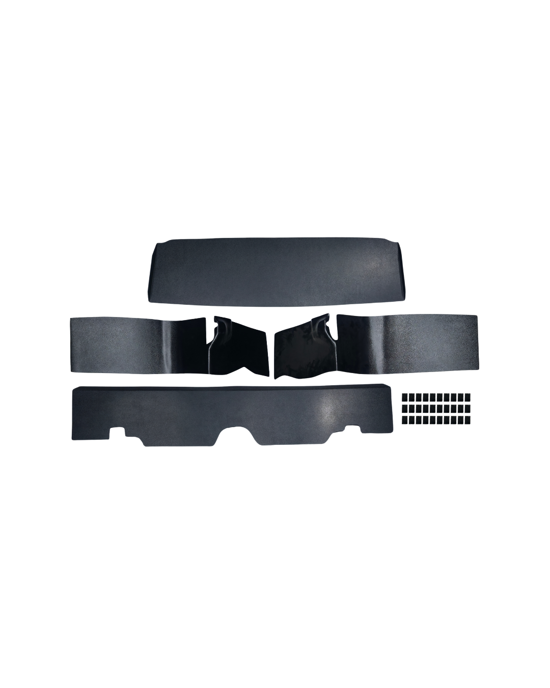 All ABS trunk panels included in the RD7407 1969 Chevrolet Camaro Coupe trunk kit laid out, showing the flat center panel, molded driver and passenger side panels, molded tail light cover, and dual‑lock tabs.