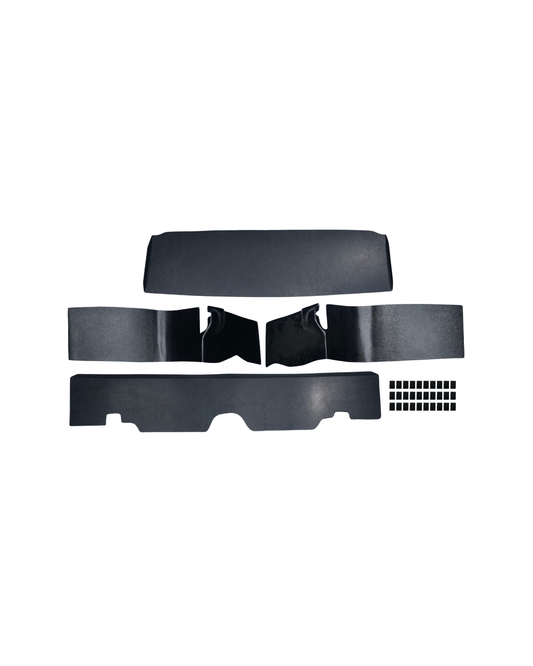 All ABS trunk panels included in the RD7407 1969 Chevrolet Camaro Coupe trunk kit laid out, showing the flat center panel, molded driver and passenger side panels, molded tail light cover, and dual‑lock tabs.