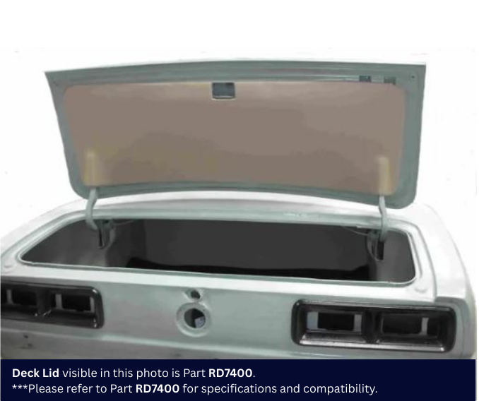 Open car trunk with a deck lid labeled RD7400 on a white background