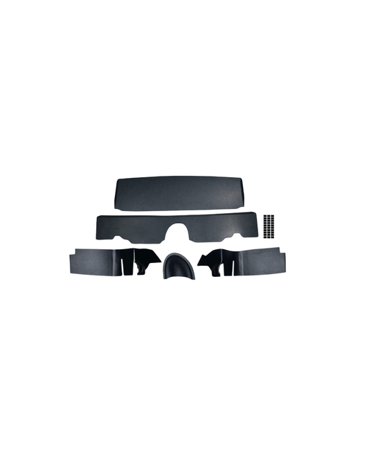 1967 Chevrolet Camaro Convertible trunk kit components laid out — molded ABS center panel, driver and passenger side panels, tail light cover, gas filler cover, and dual lock tabs