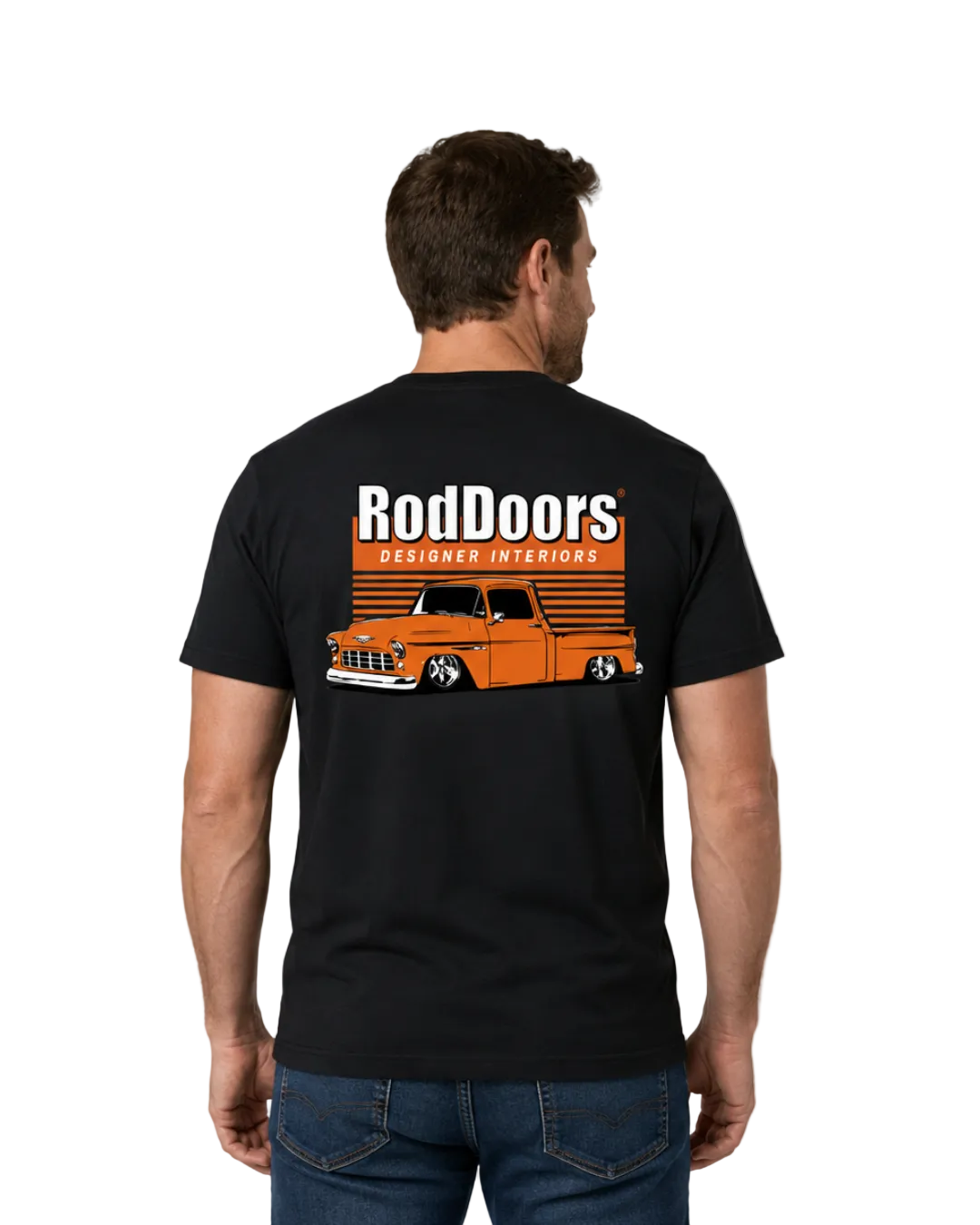 Man wearing a black t-shirt with 'RodDoors' logo on the back against a gray background