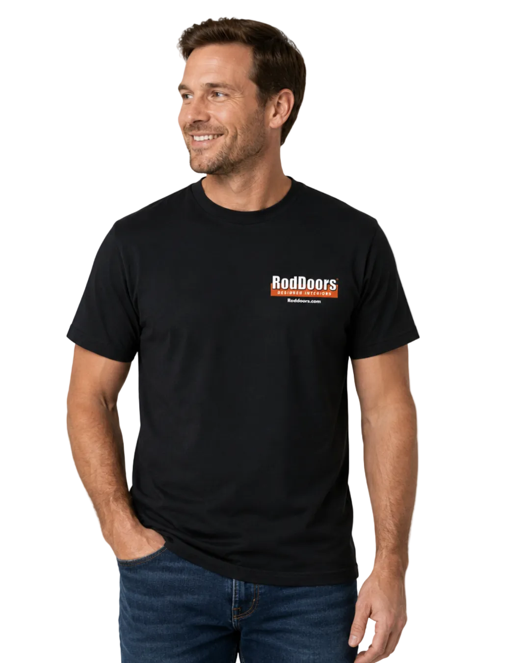 RodDoors Designer Interiors Short Sleeve T-Shirt –  Black with Orange Classic Truck Graphic
