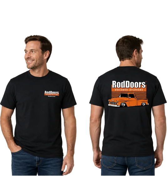 Black t-shirt with 'Rod Doors' logo and truck graphic on a gray background