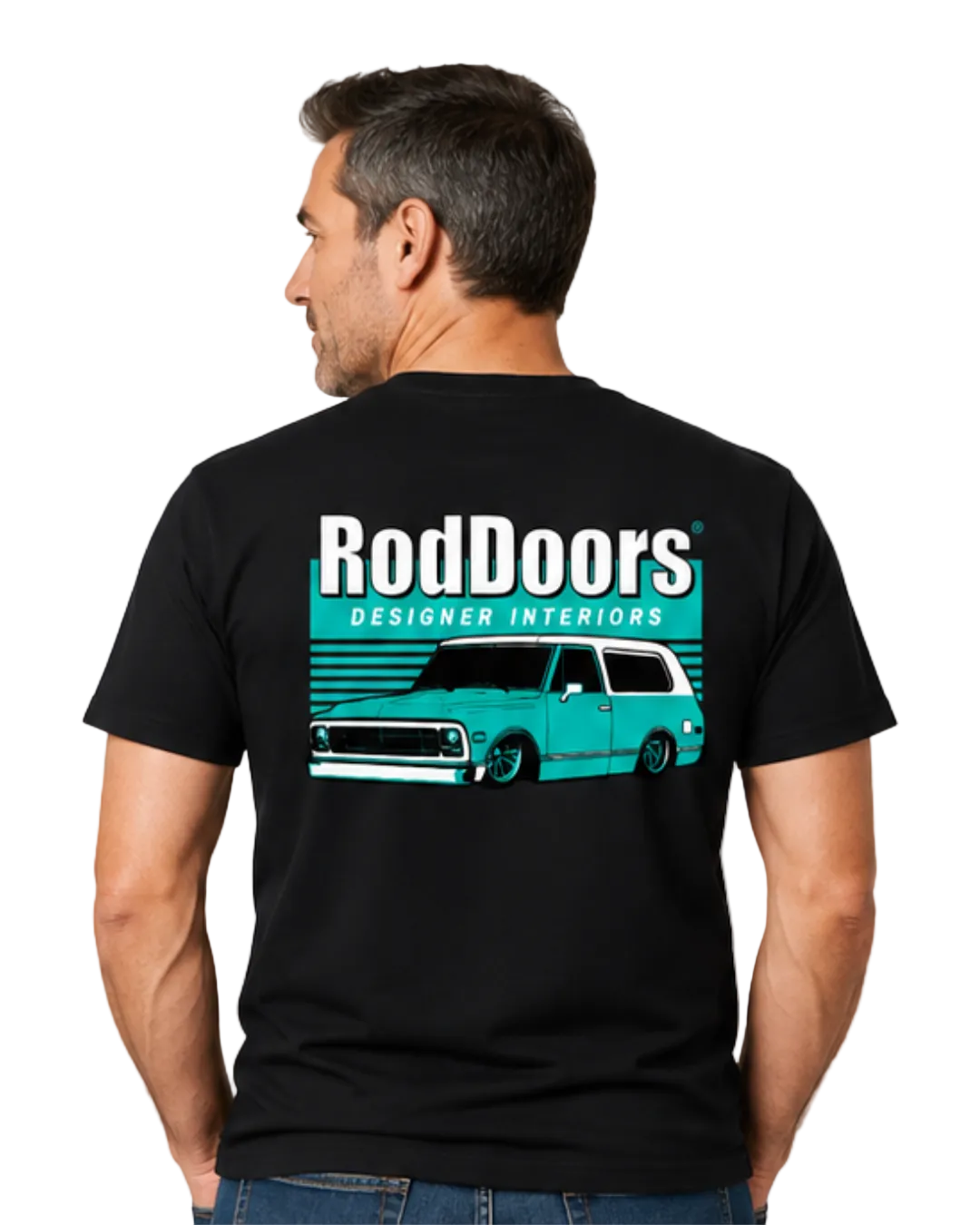 RodDoors Designer Interiors Short Sleeve T-Shirt – Black with Teal Suburban Graphic