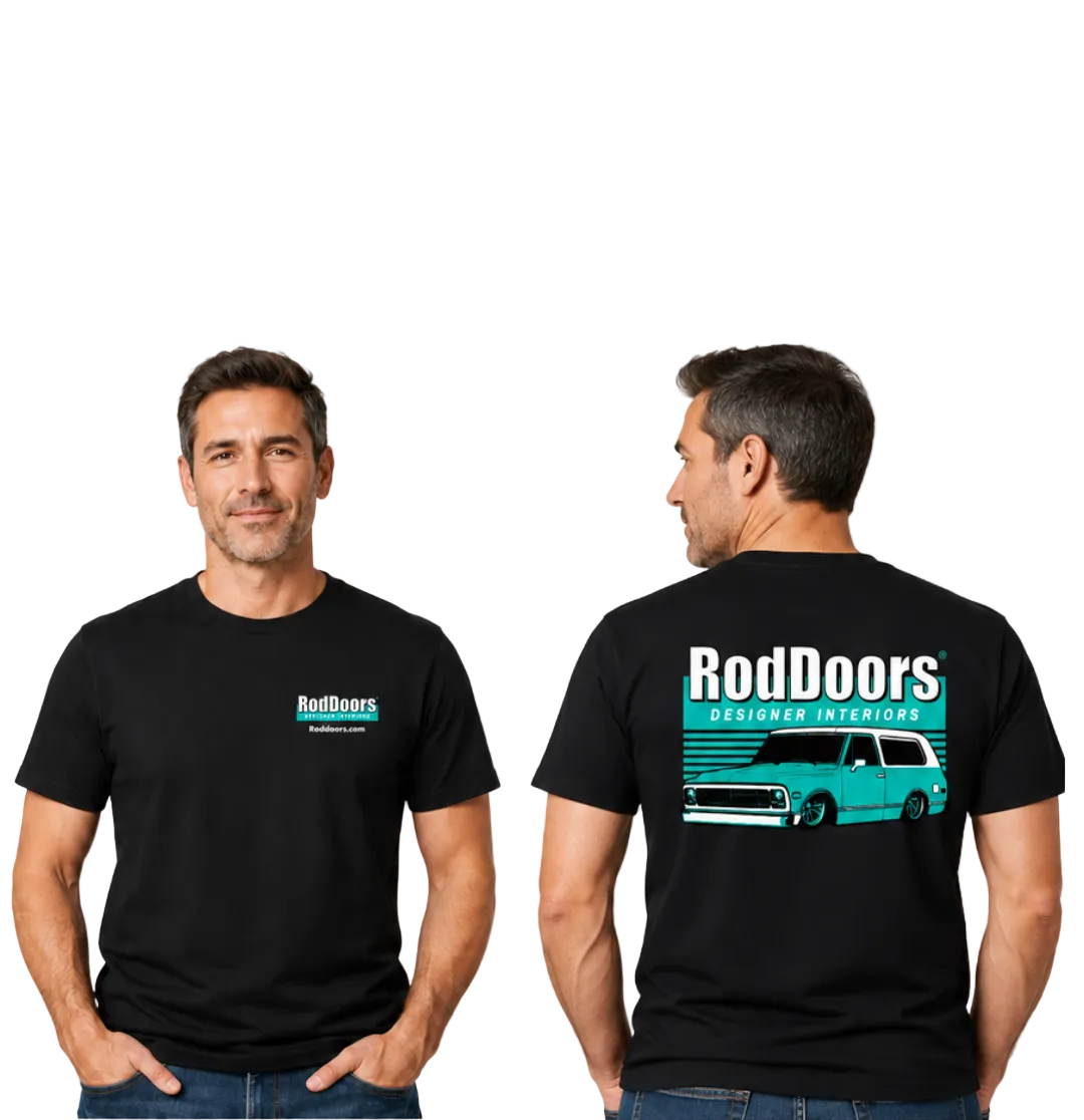 Man wearing a black t-shirt with 'RodDoors' branding on a plain background