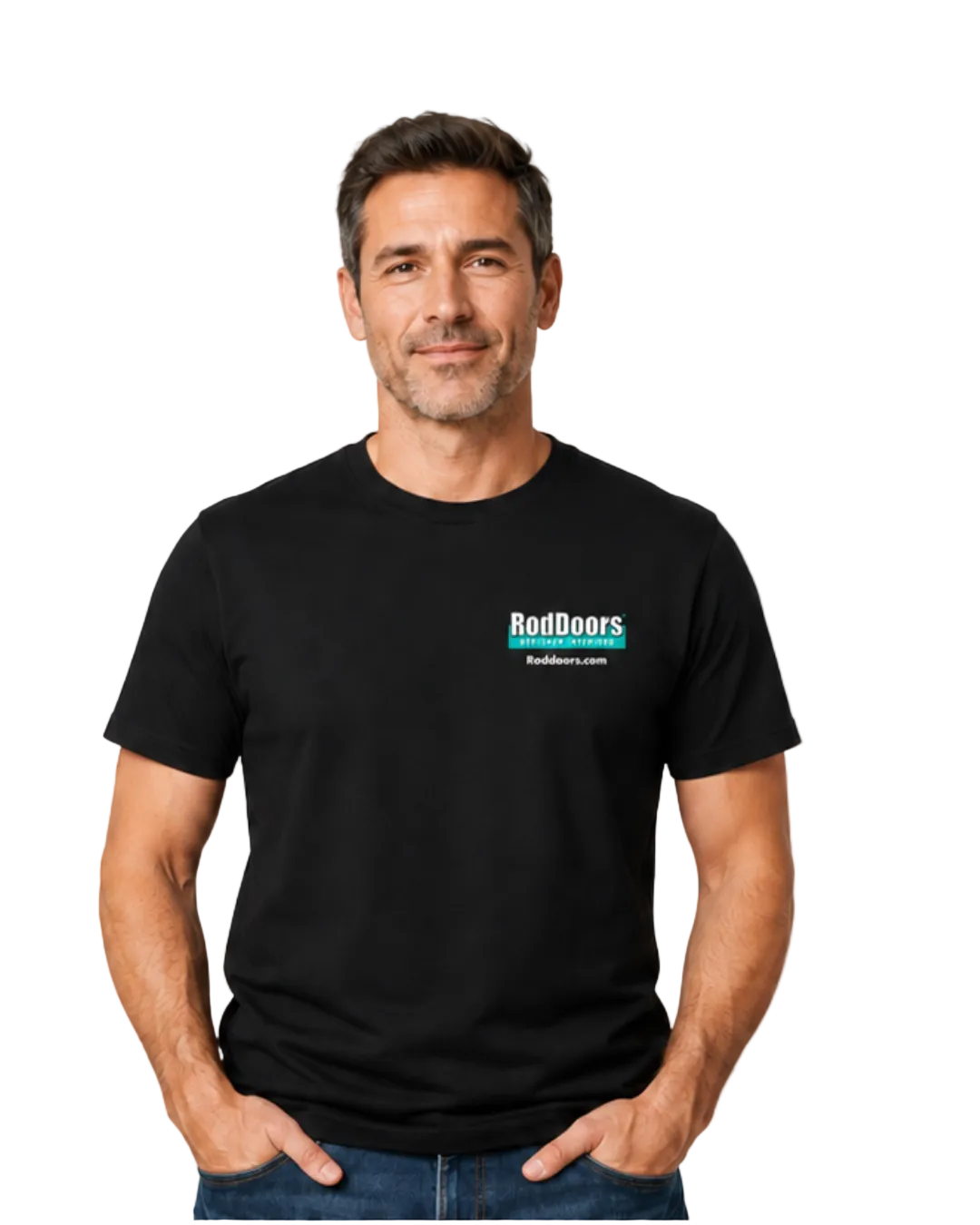 Man wearing a black t-shirt with a logo on a gray background